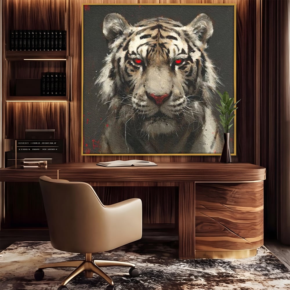 Tablou canvas cu tablou canvas cu tigru alb si ochi rosii, in rama de aluminiu auriu, pe perete intr-un birou